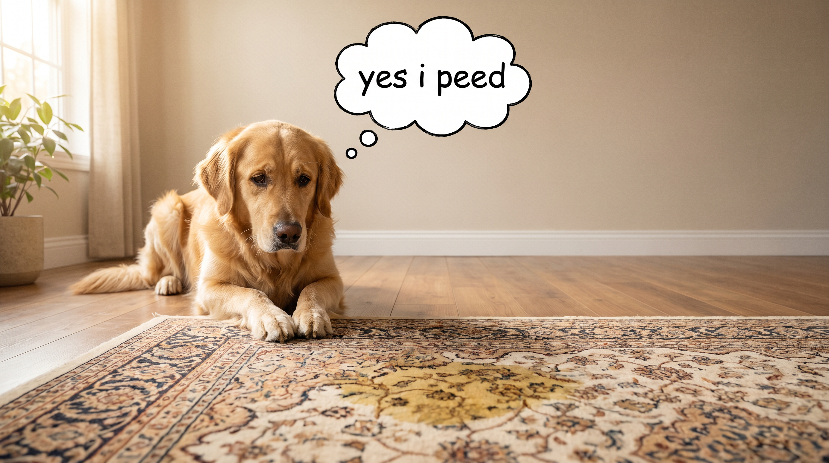 Guilty golden retriever on a rug with a pee stain
