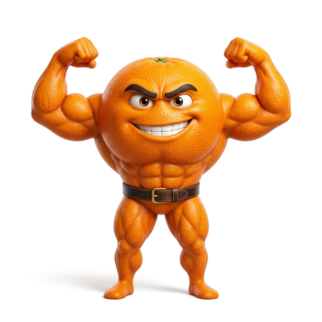 Angry Orange mascot flexing