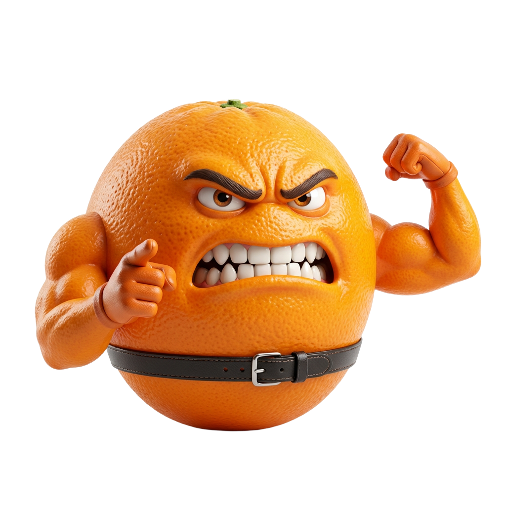 Angry Orange mascot pointing
