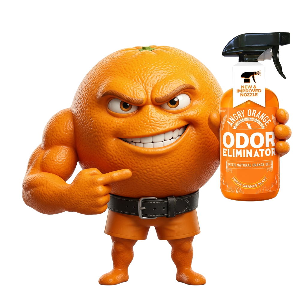 Angry Orange mascot presenting the bottle